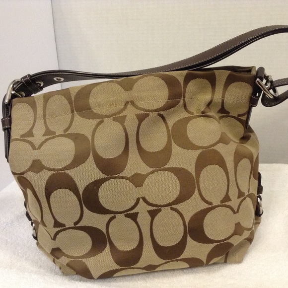 Coach Handbags - COACH BROWN FABRIC HOBO BAG W/LEATHER HANDLE